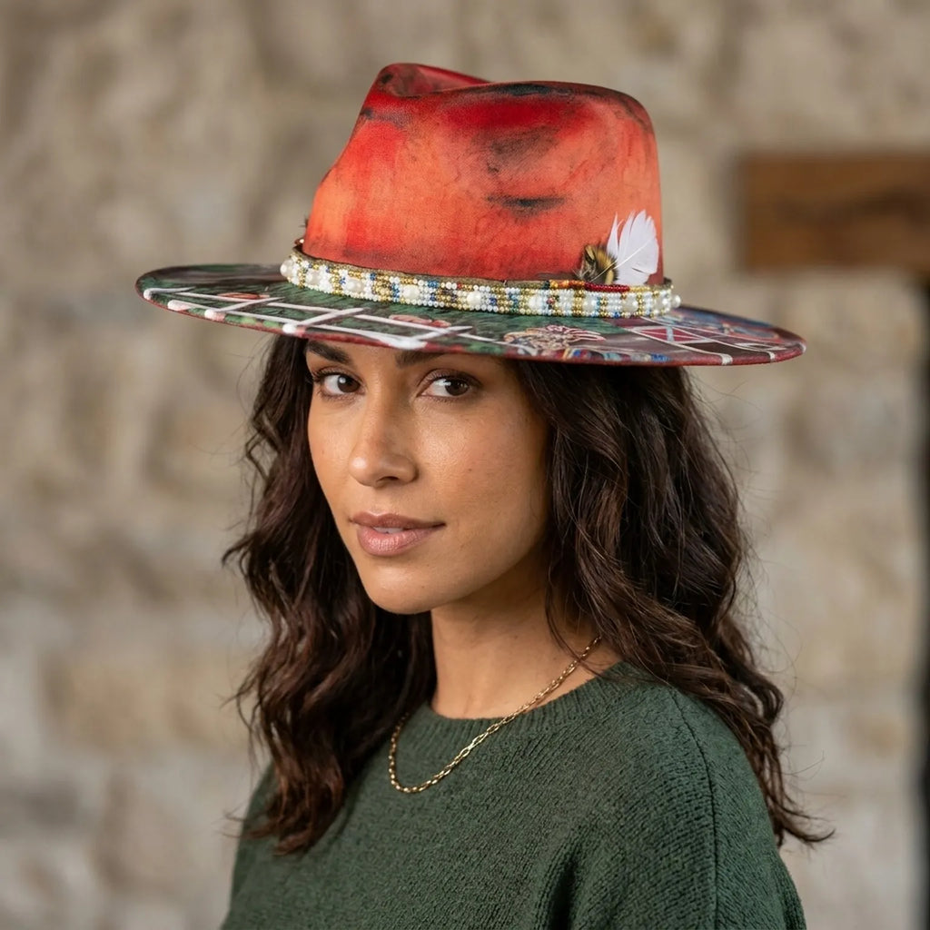 Red Crown Fedora Hat with Hand-Painted Farm Brim Scene