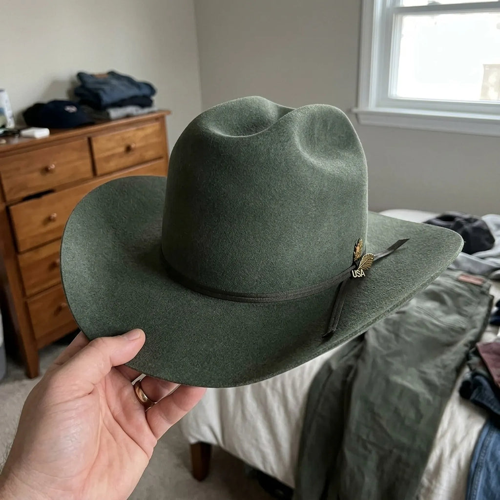 Olive Green Felt Cowboy Hat with Feather Trim Band Detail
