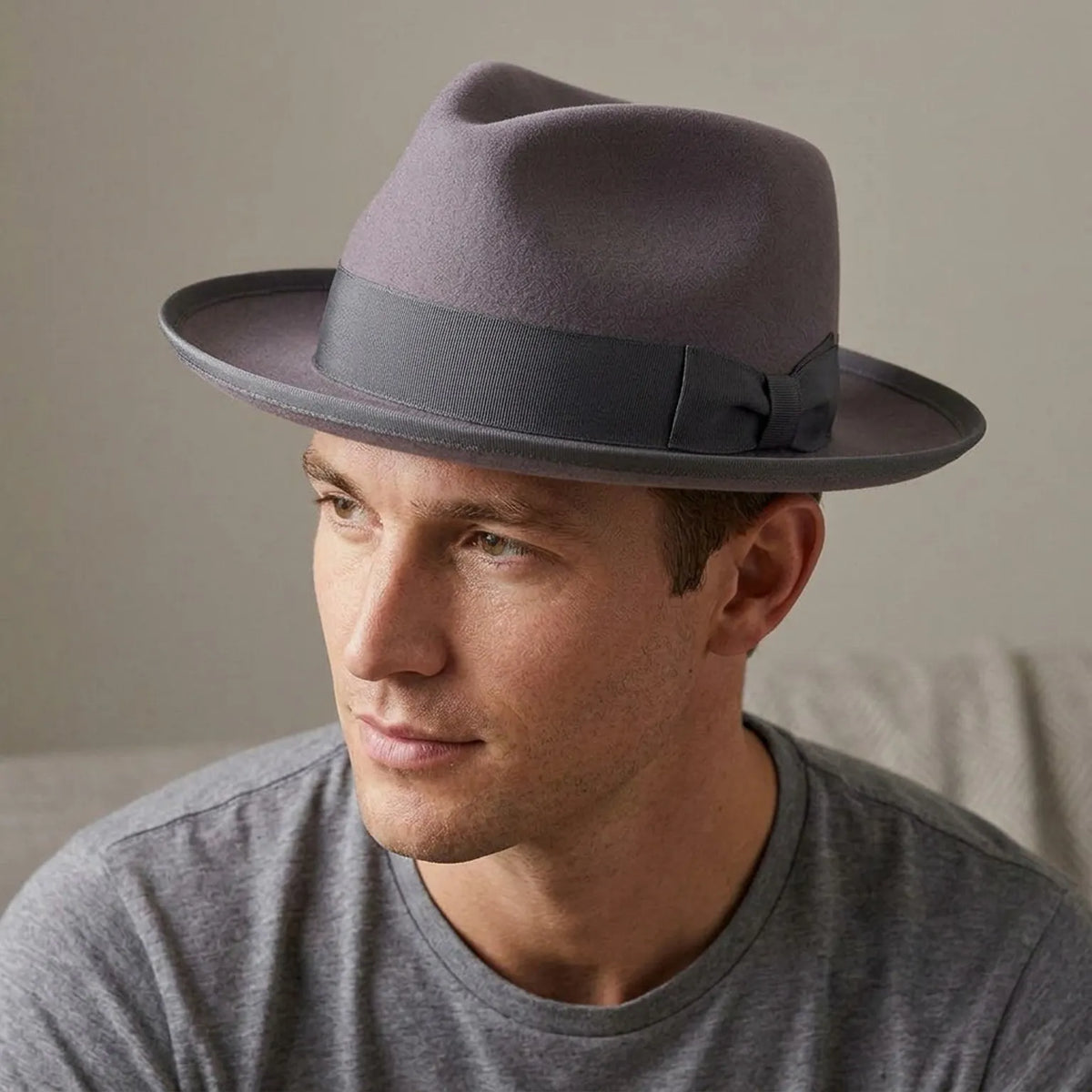 Unisex Light Grey Wool Felt Fedora Hat with Ribbon Band