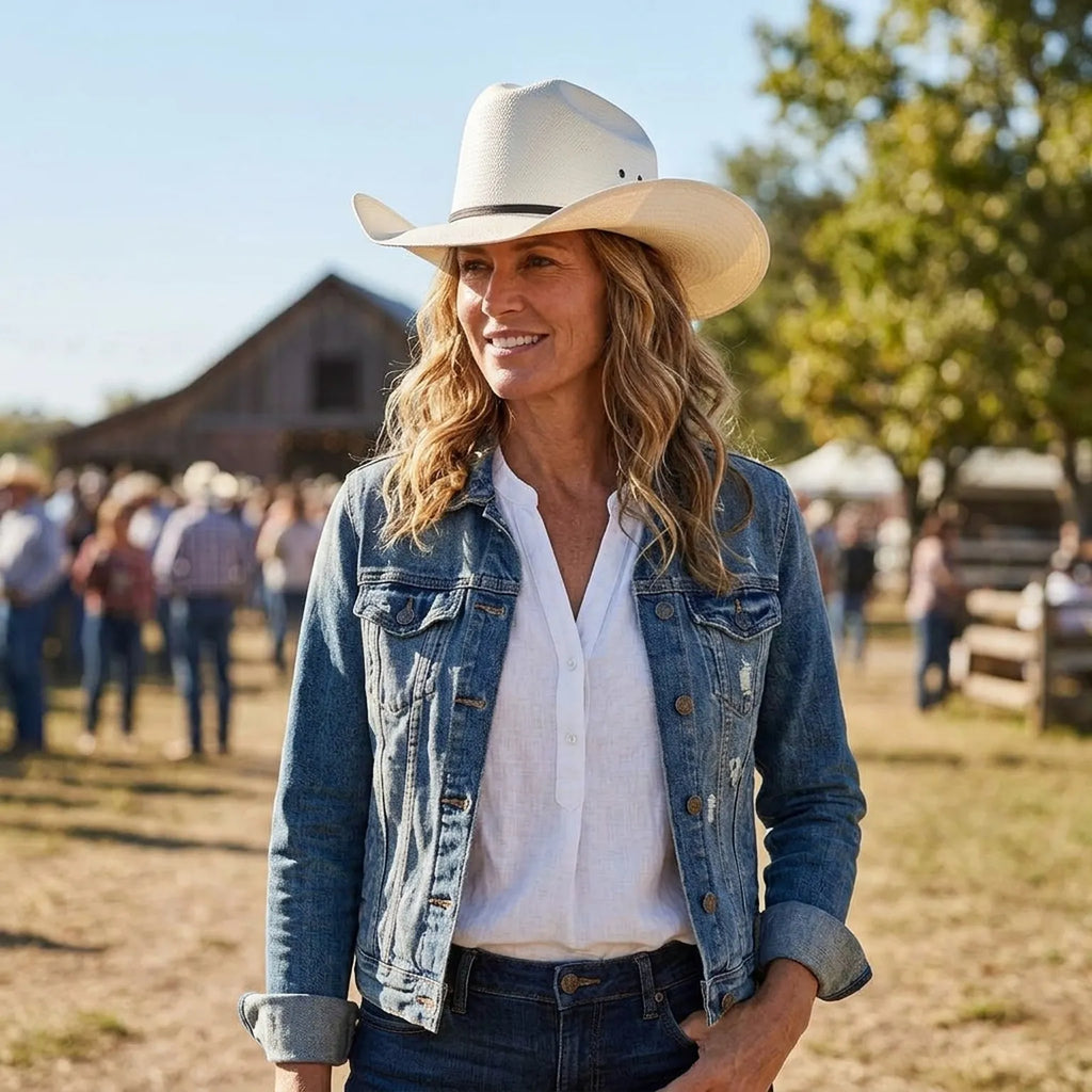 White Straw Cowboy Hat with Pinched Crown and Black Tie Band