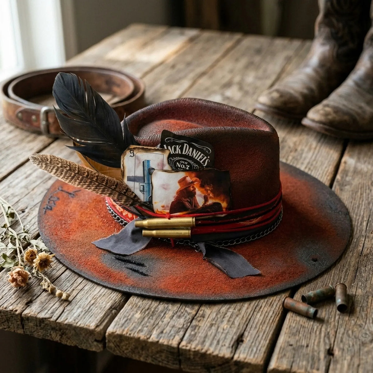 Rust Western Hat with Vintage Patch Details and Bullet Accents