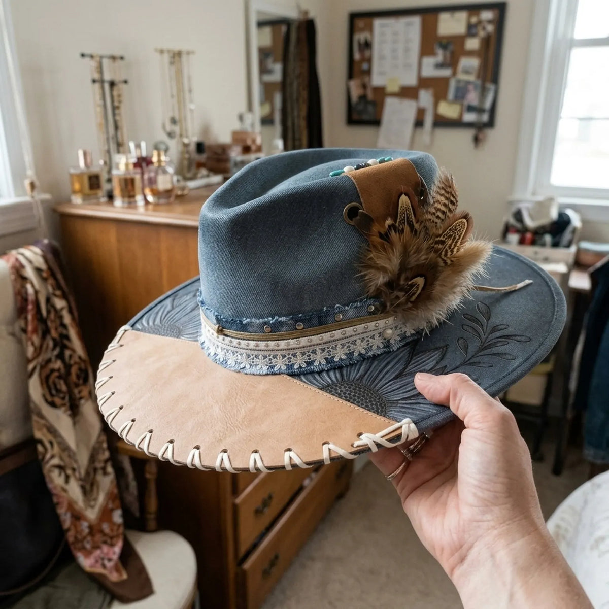 Teal Wide-Brim Western Hat with Leather Patch and Feather Cluster