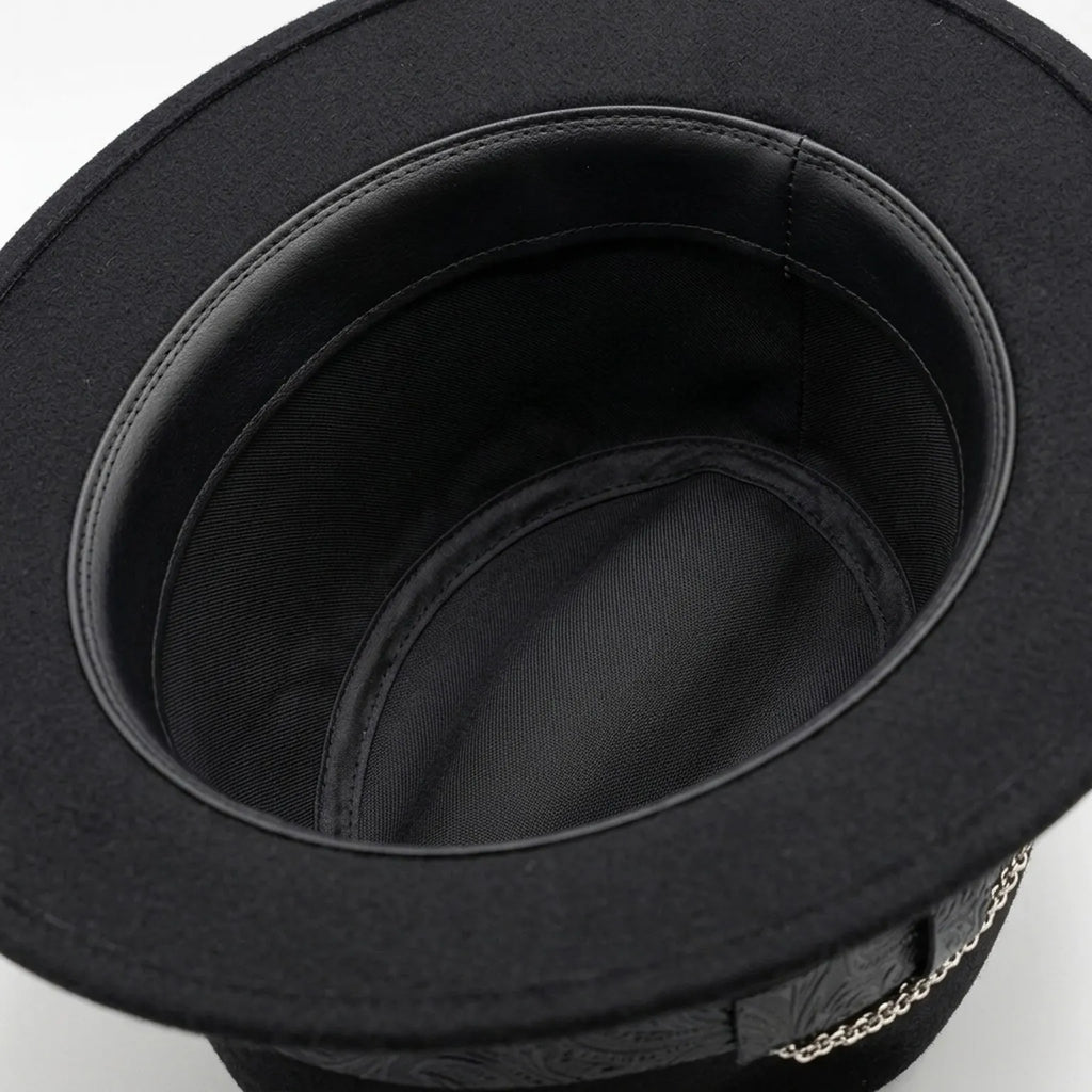 Black Fedora with Embossed Leather Band, Chain and Cigar Accent