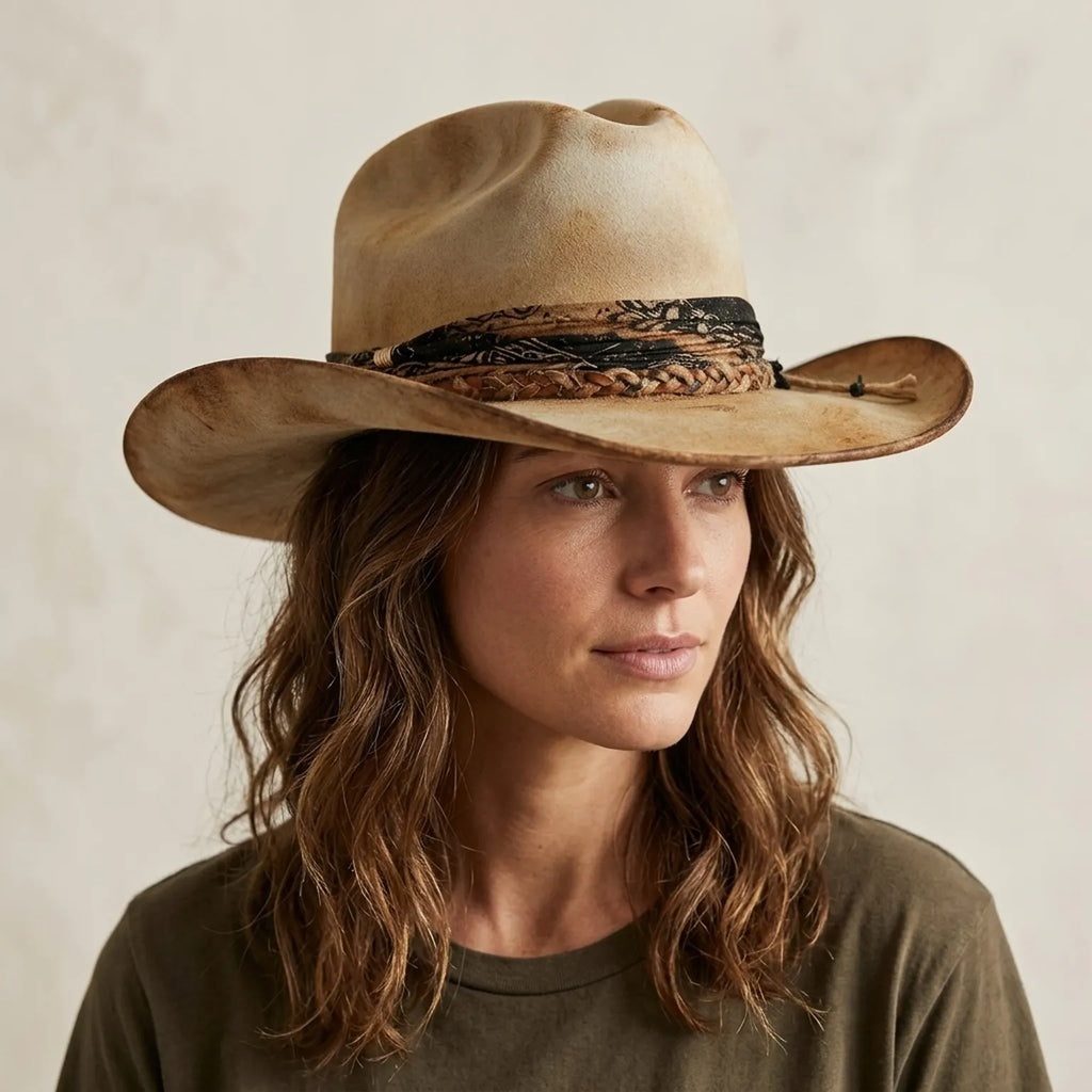 Tan Distressed Felt Fedora with Black Band Twine Rope