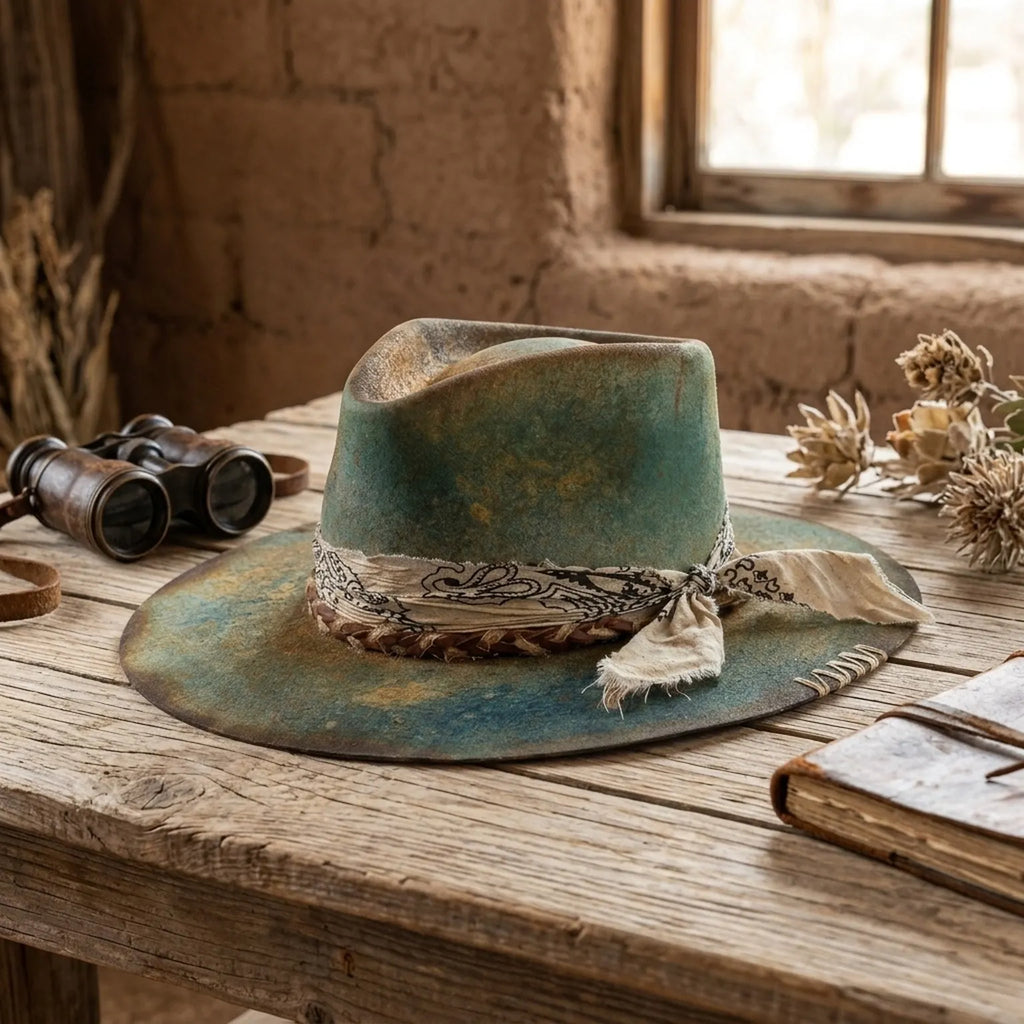 Distressed Green and Rust Felt Western Hat with Bandana Wrap
