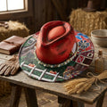 Red Crown Fedora Hat with Hand-Painted Farm Brim Scene