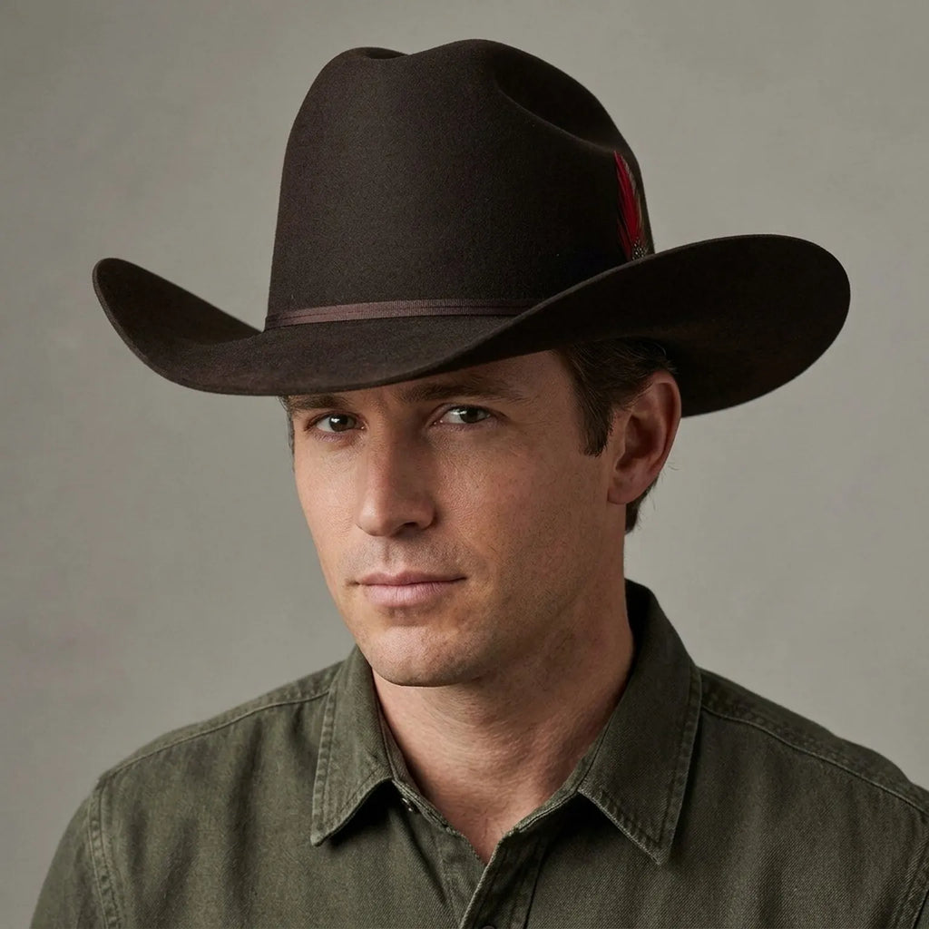 Dark Brown Wool Felt Cowboy Hat with Ribbon and Feather Detail