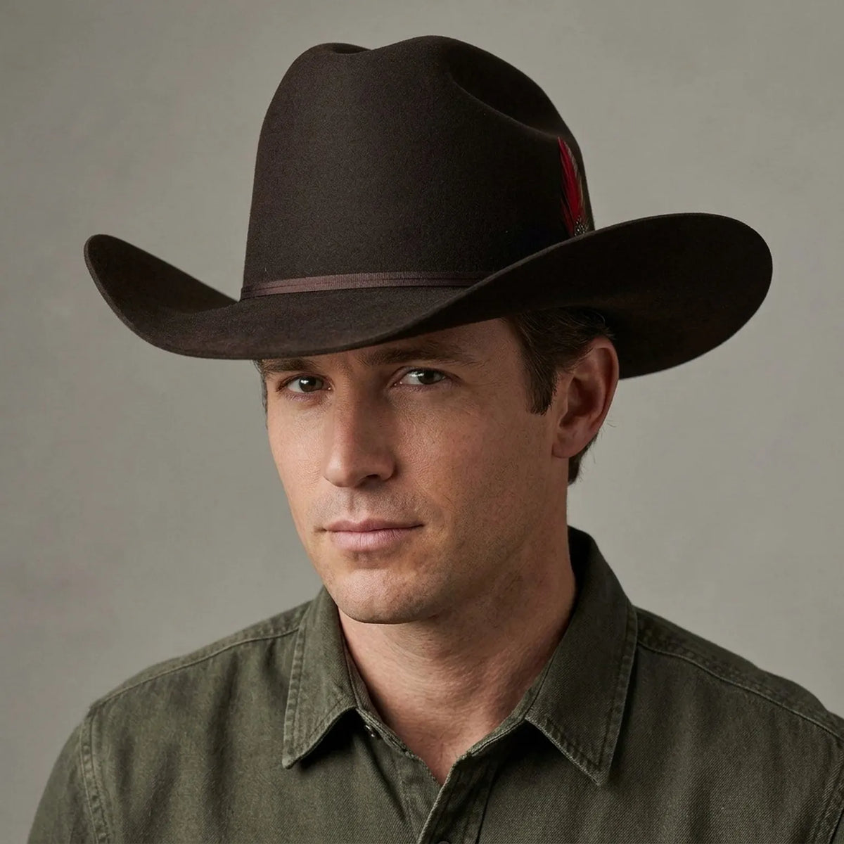 Dark Brown Wool Felt Cowboy Hat with Ribbon and Feather Detail
