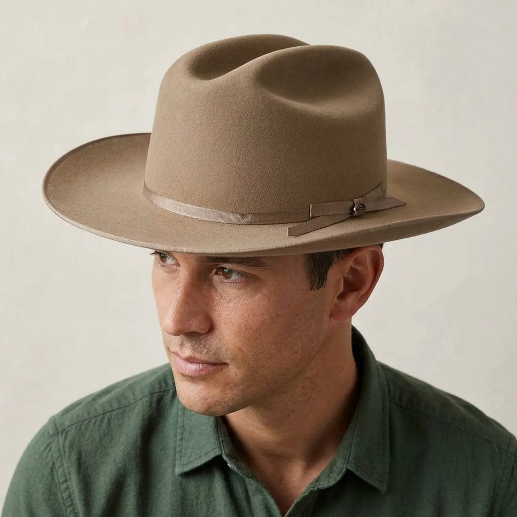 Tan Felt Fedora Hat with Grosgrain Ribbon Band Detail