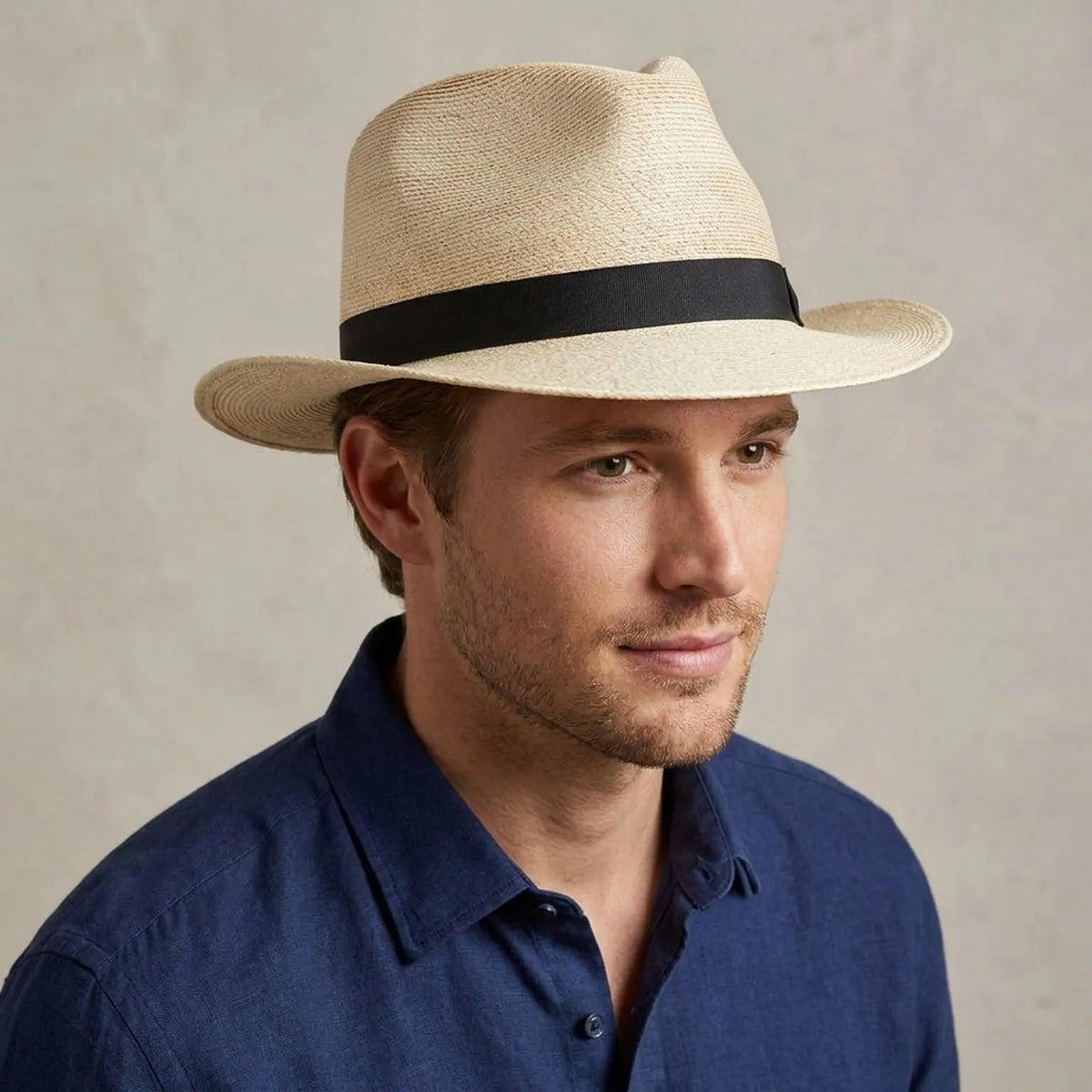 Off White Straw Fedora with Black Grosgrain Band, Classic Summer