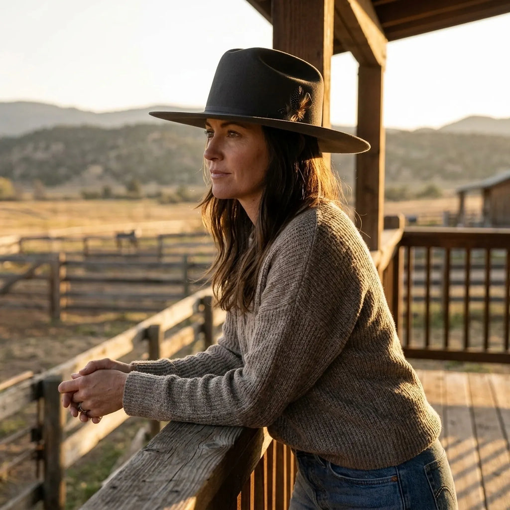 Unisex Gray Wool Felt Western Hat with Feather Band