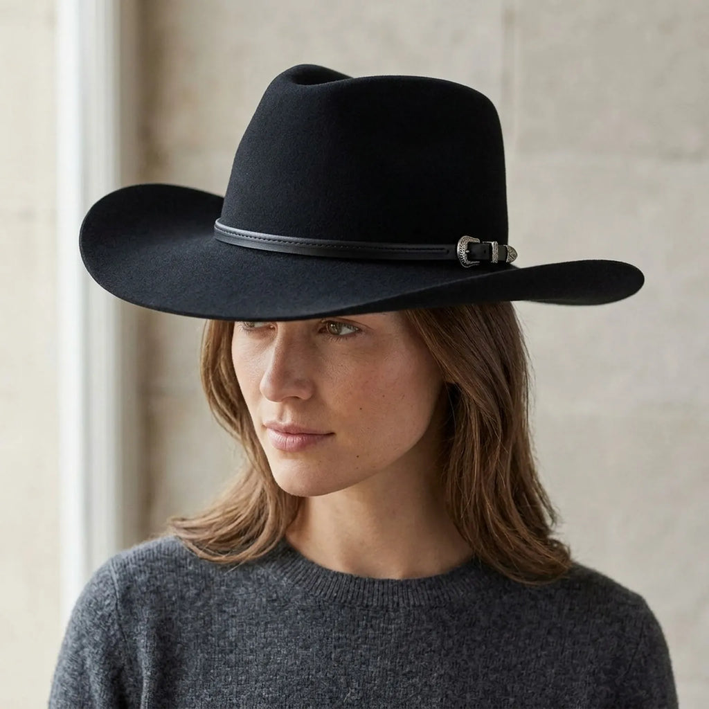 Black Felt Cowboy Hat with Leather Band - Western Style