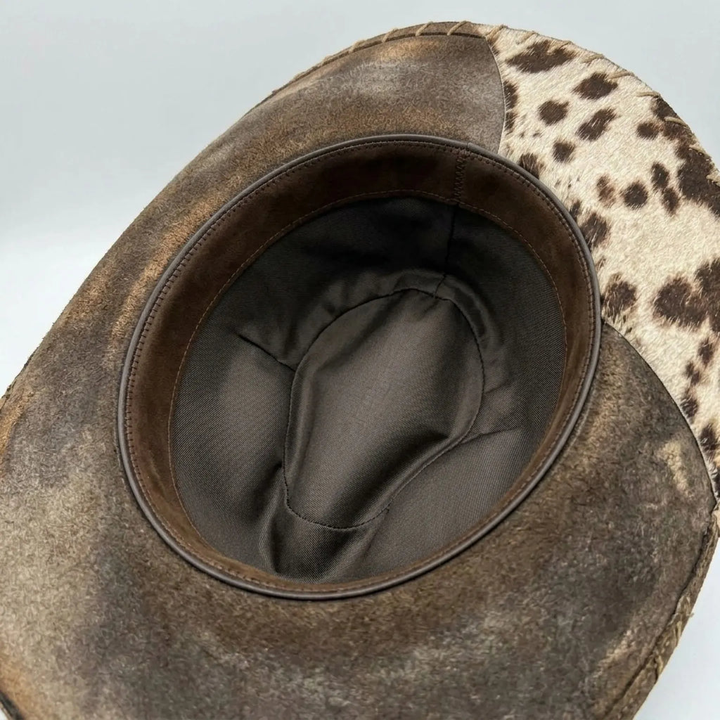 Distressed Gray Cowboy Hat with Cow Print Brim and Bandana Band