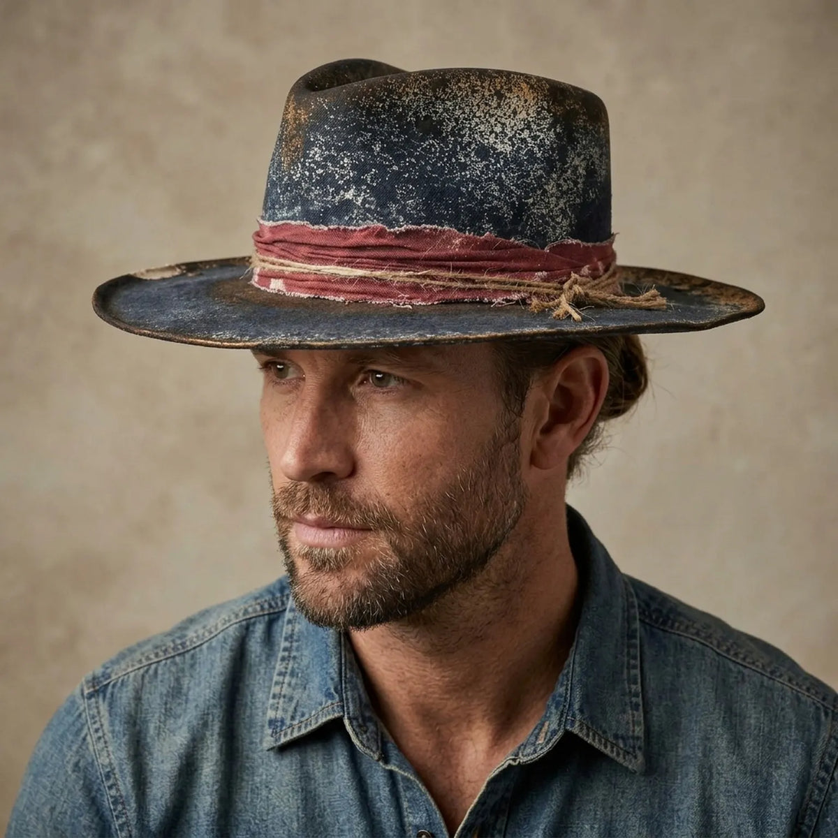 Distressed Black Felt Fedora with Burgundy Band and Metal Studs