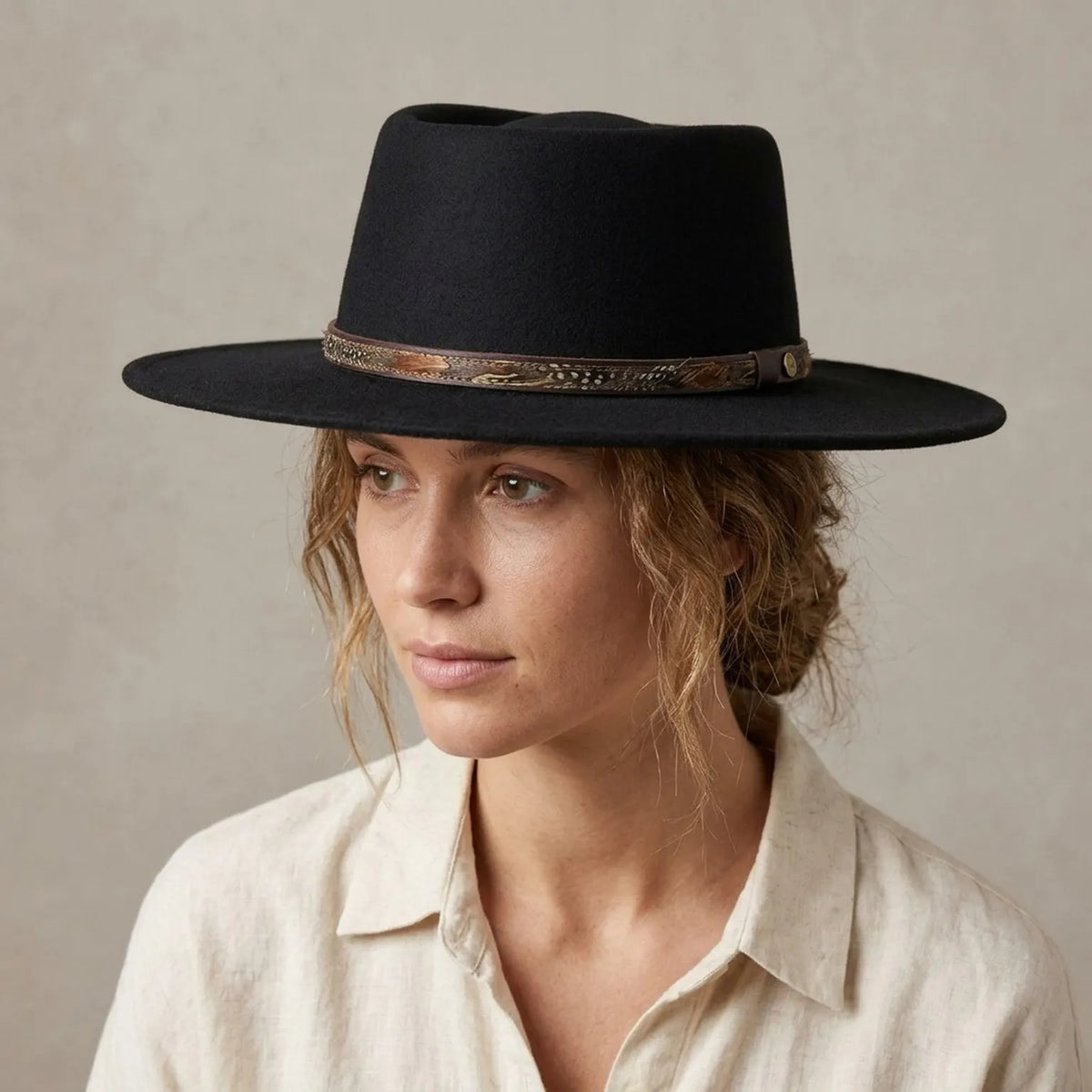 Unisex Black Flat Top Fedora with Feather Leather Band