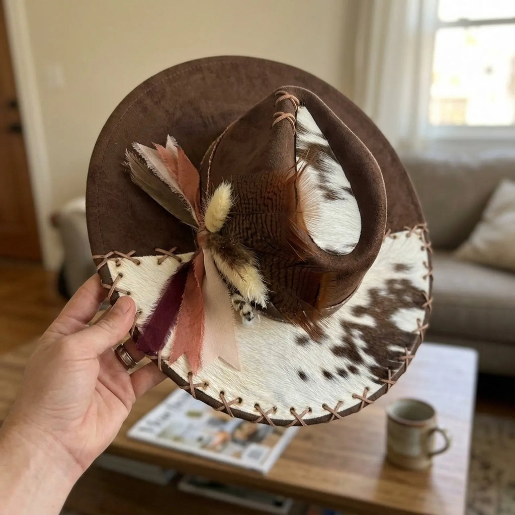 Brown Cowhide Brim Western Hat Feather Cluster Laced Edges Ranch Style