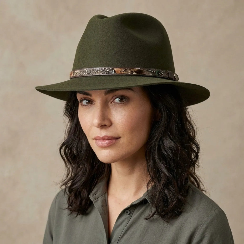 Olive Wool Felt Fedora Hat with Feather Print Band, Outdoor Classic