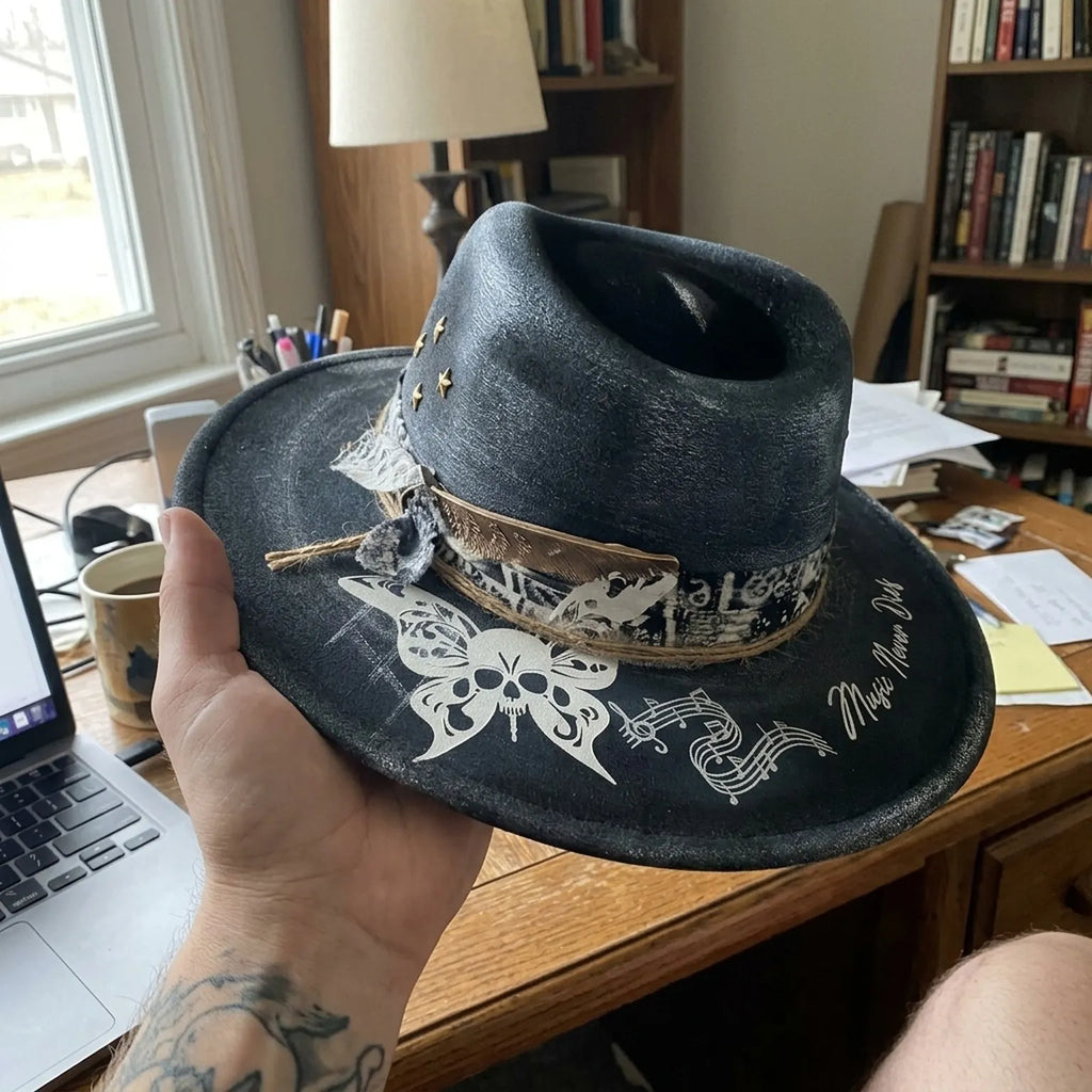 Black Music-Themed Fedora with Skull Butterfly and Bandana