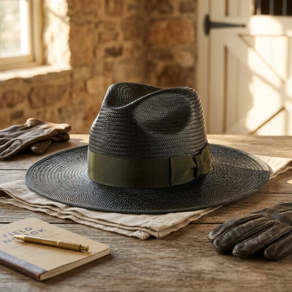 Black Woven Straw Fedora Hat with Ribbon Band for Summer