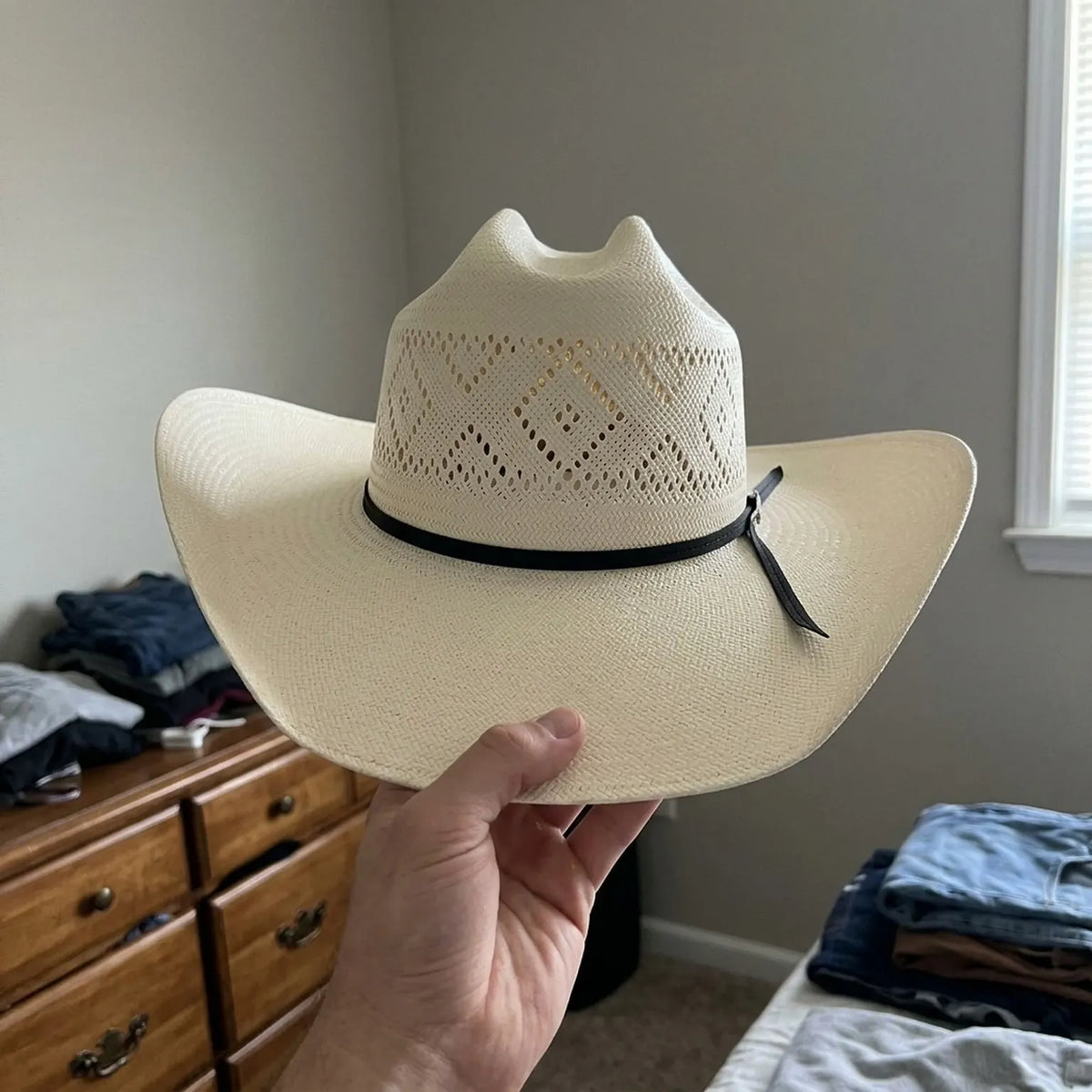 Cream Straw Cowboy Hat with Vented Diamond Crown Pattern