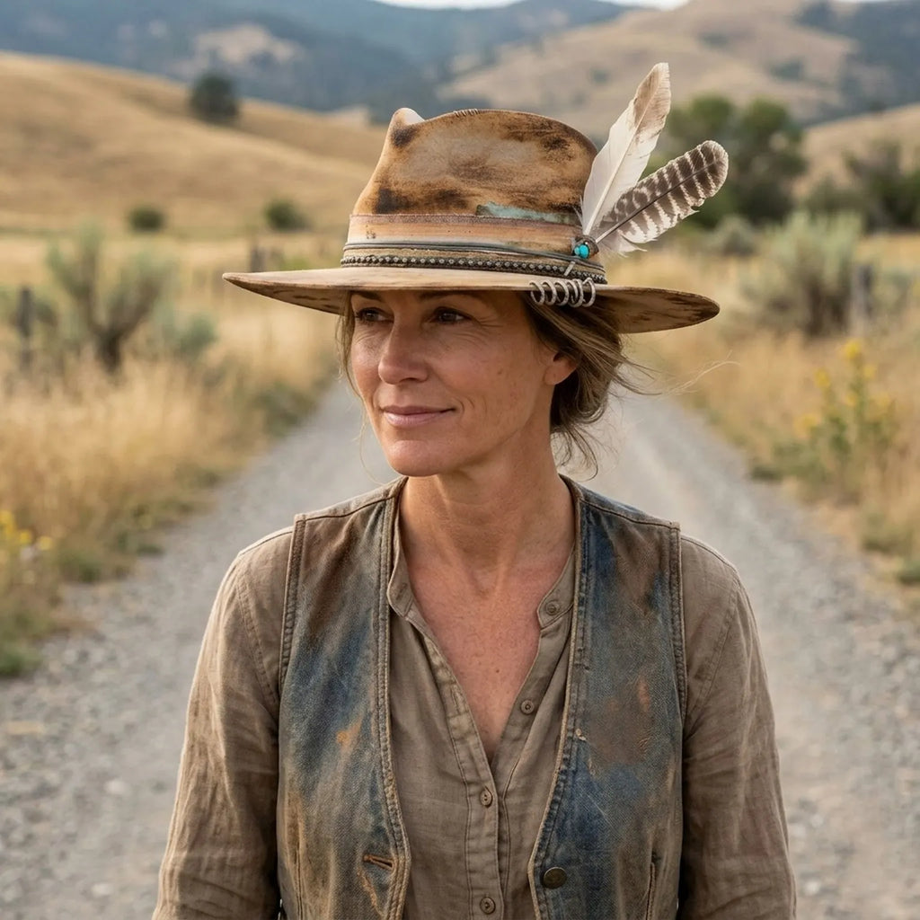 Weathered Tan Fedora with Turquoise Beads and Feather Band