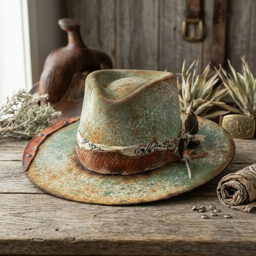 Patina Green Cowboy Hat with Rust Leather Patch and Feather