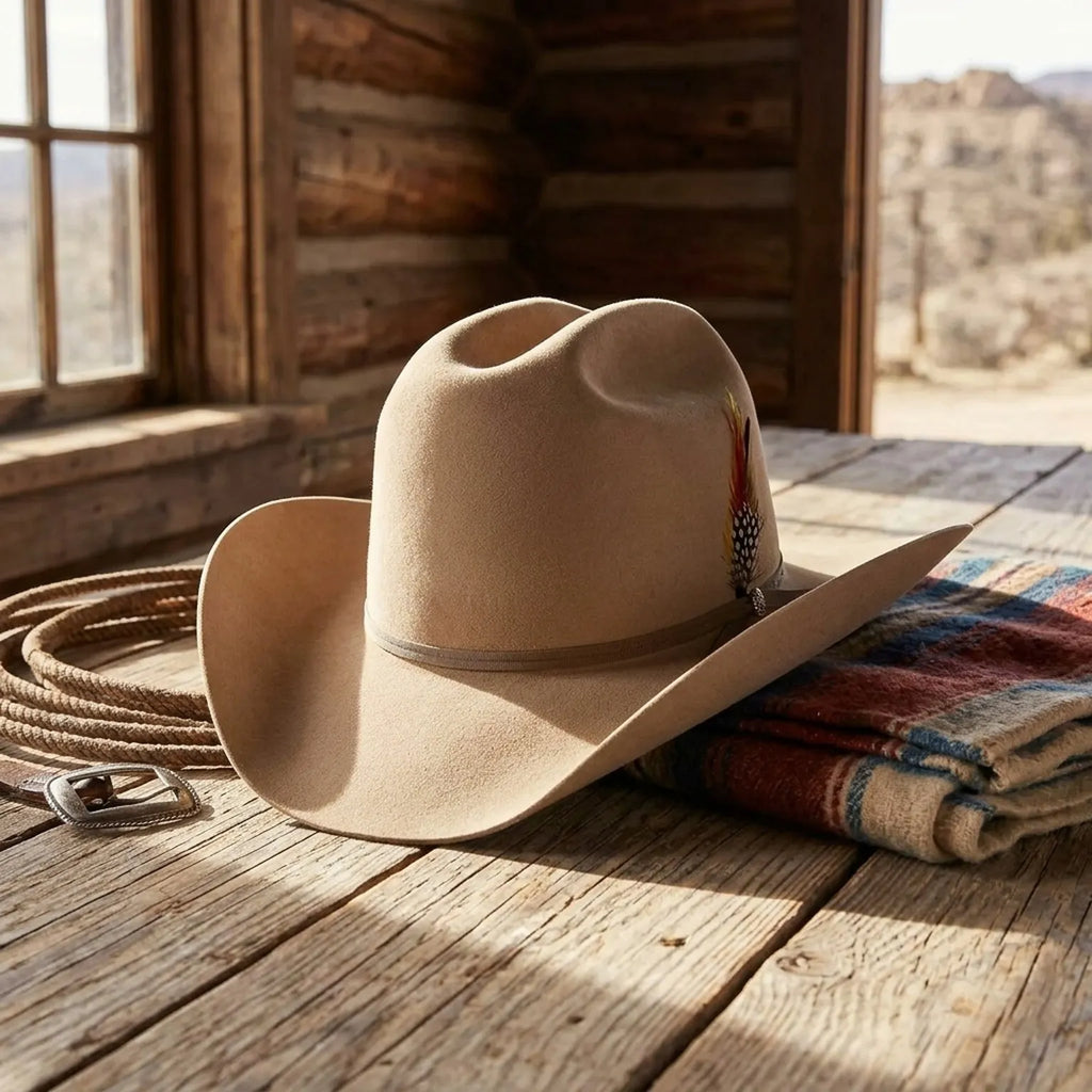 Tan Wool Felt Cowboy Hat with Feather Accent Ribbon Band