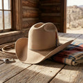 Tan Wool Felt Cowboy Hat with Feather Accent Ribbon Band