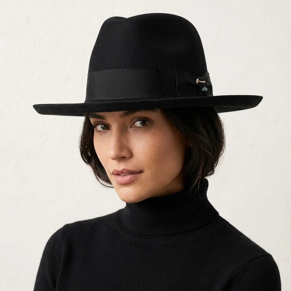 Black Wool Felt Fedora Hat with Grosgrain Band and Side Bow
