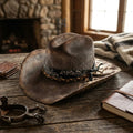 Distressed Gray Cowboy Hat with Cow Print Brim and Bandana Band