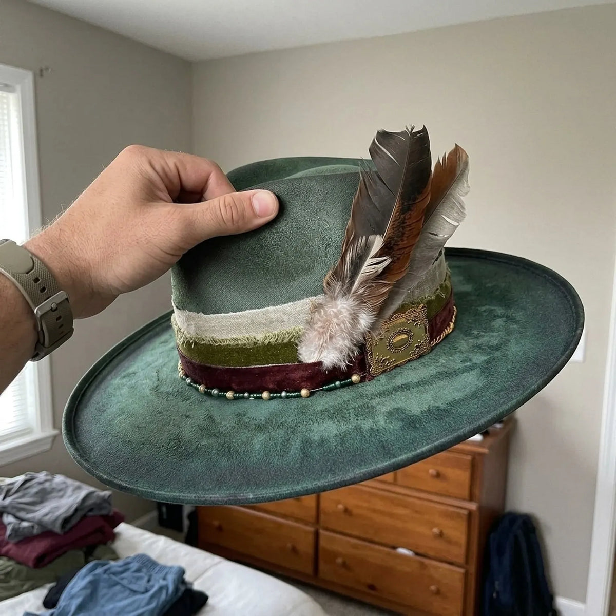 Vintage Green Velvet Wide Brim Fedora Feather Brass Medallion