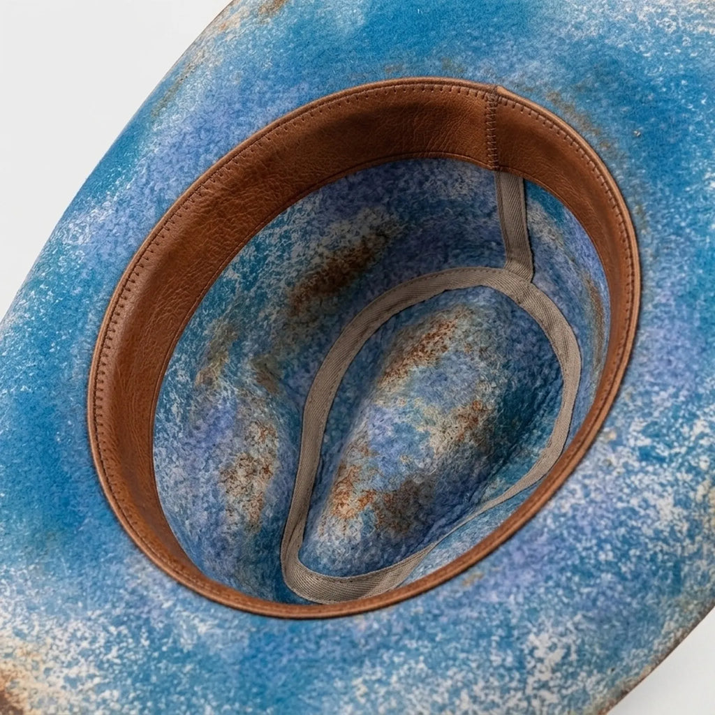 Distressed Sky Blue Cowboy Hat with Leather Band and Concho