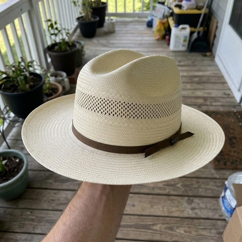 Ivory Open-Crown Straw Fedora with Grosgrain Ribbon Tie