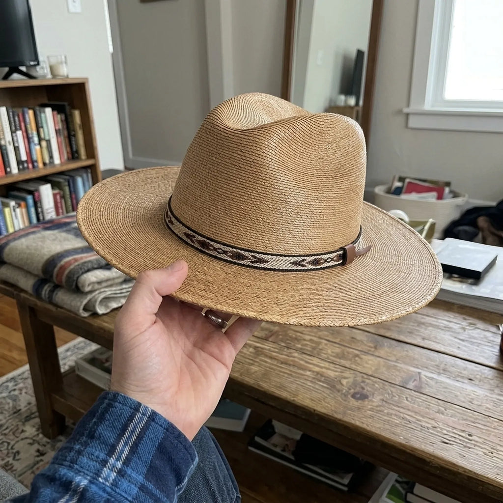 Copper Tan Straw Fedora with Woven Patterned Band, Southwestern Boho