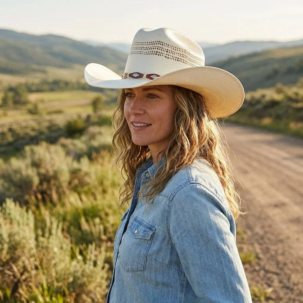 Cream Straw Western Hat with Vented Crown and Diamond Stud Band