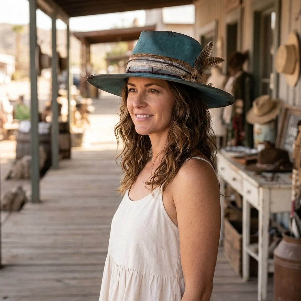 Teal Distressed Felt Fedora with Burlap Wrap and Barbed Wire