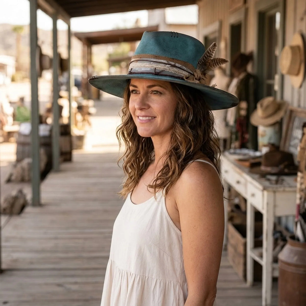 Teal Distressed Felt Fedora with Burlap Wrap and Barbed Wire