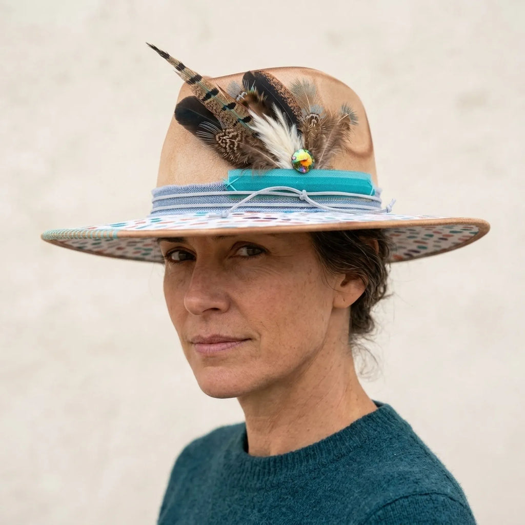 Tan Festival Fedora with Painted Confetti Brim and Feathers