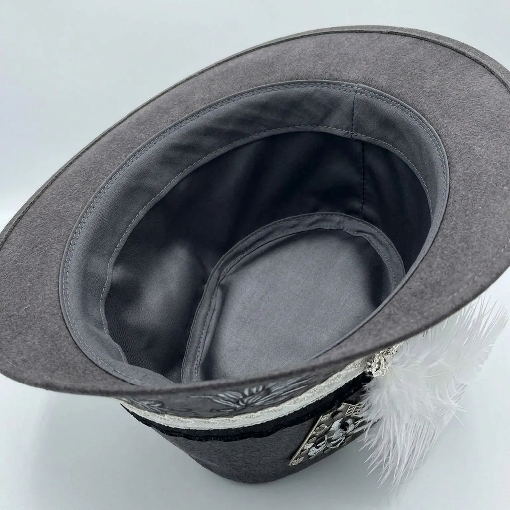 Gray Flocked Fedora Hat with Floral Brim Print and Feather