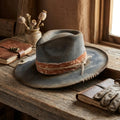 Distressed Grey Felt Fedora with Orange Patterned Band