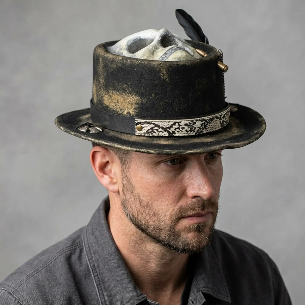 Black Top Hat Skull Crown Bullet Accents Snake Band Gothic Western
