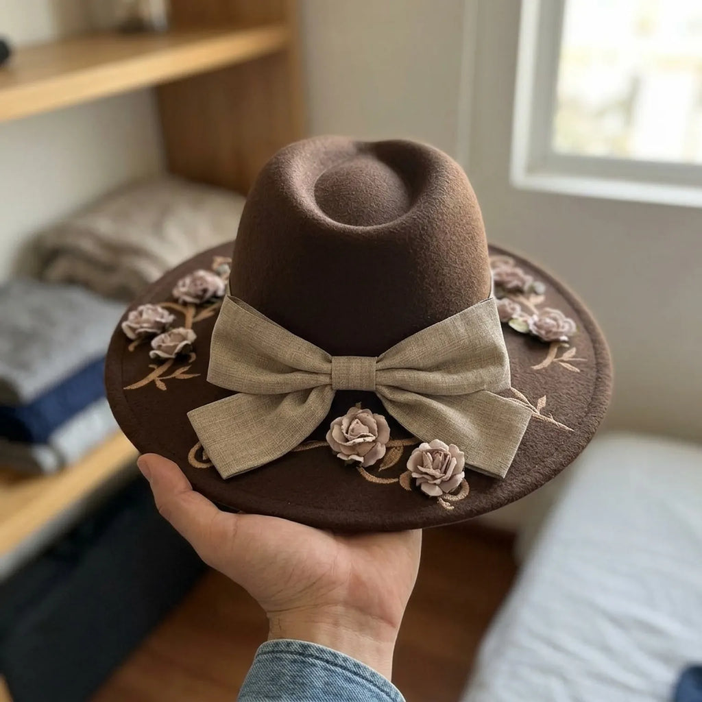 Brown Felt Floppy Hat Linen Bow Floral Embroidery Trim