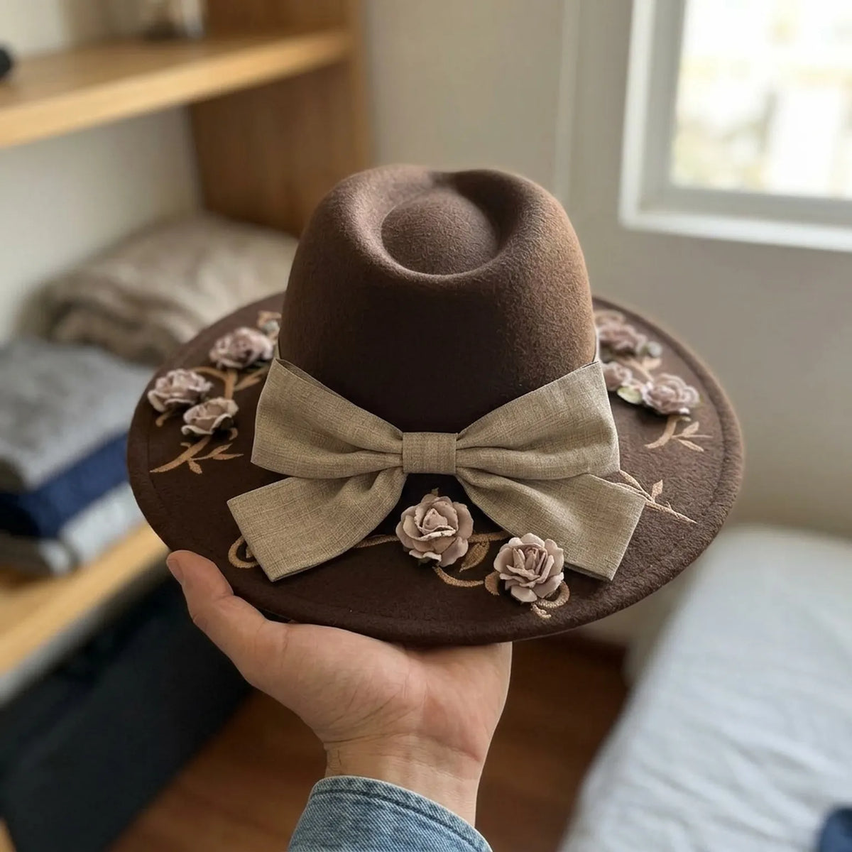 Brown Felt Floppy Hat Linen Bow Floral Embroidery Trim