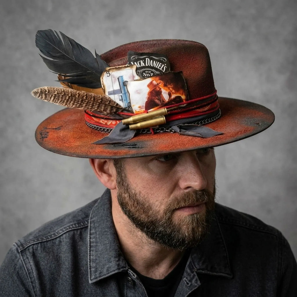 Rust Western Hat with Vintage Patch Details and Bullet Accents