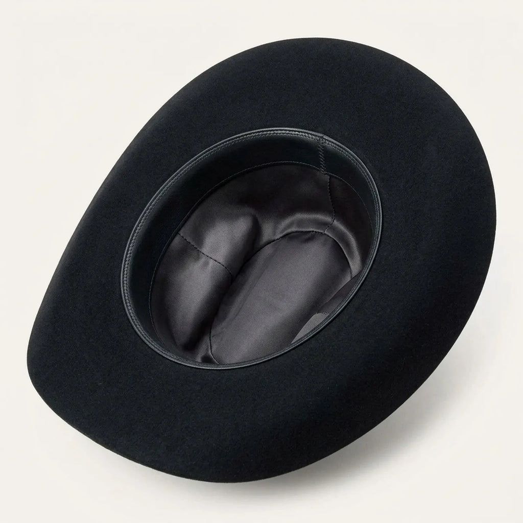 Black Wool Felt Cowboy Hat with Ribbon Band and Feather Detail