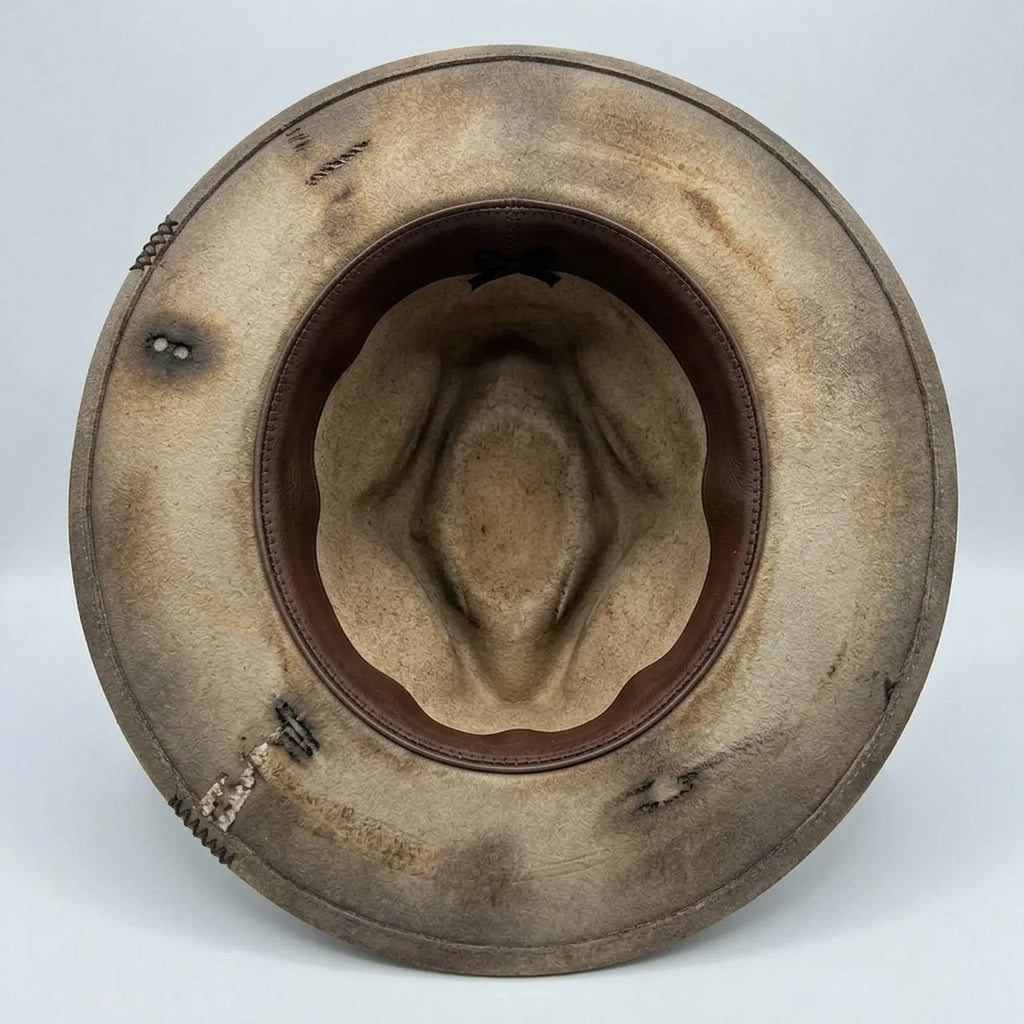 Tan Distressed Fedora with Feather, Pearls, and Vintage Card Accent