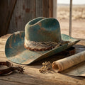 Aged Teal Cowboy Hat with Bandana and Braided Leather Band