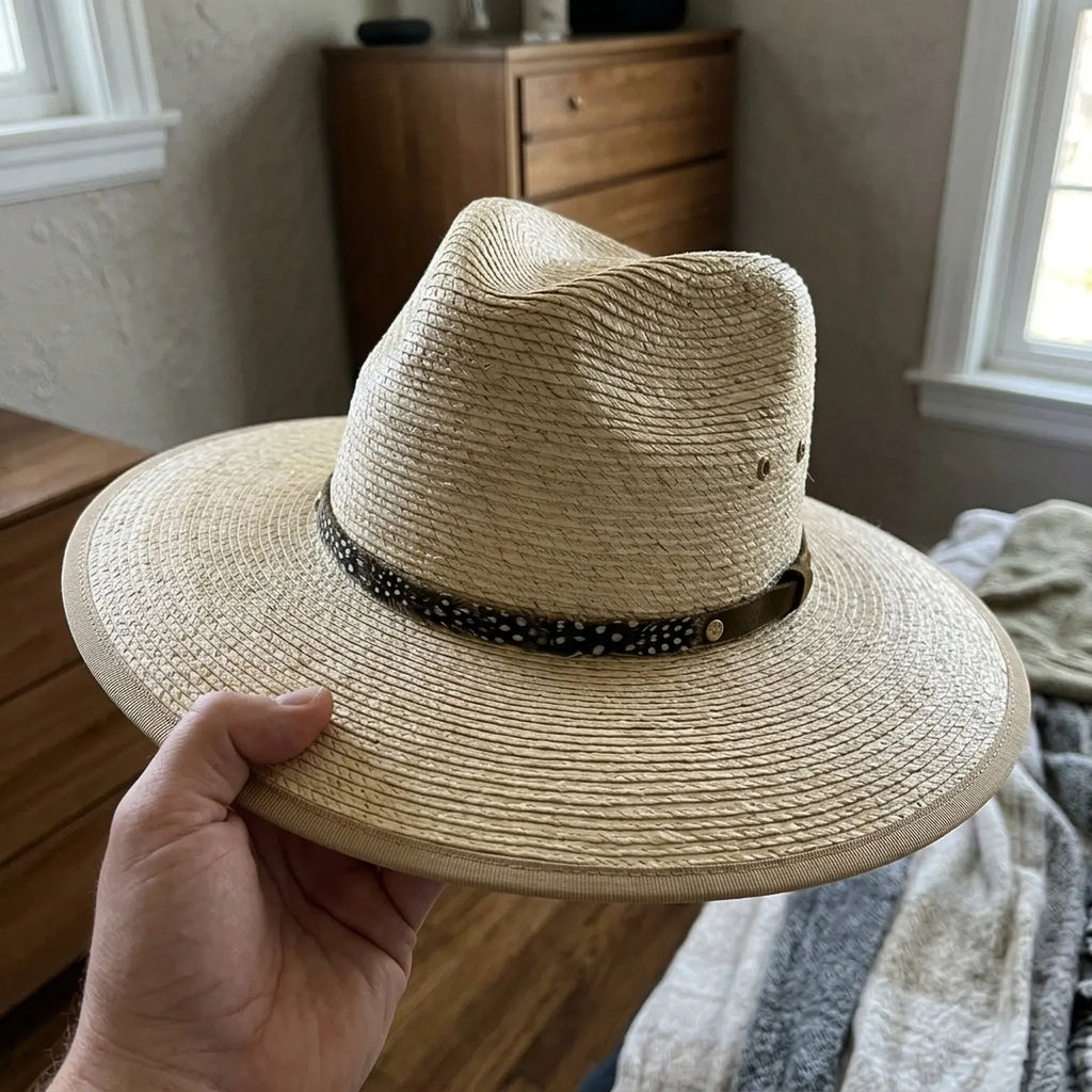 Natural Straw Sun Hat with Feather Band and Wide Brim Crown