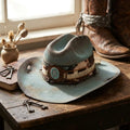 Teal Gradient Western Hat with Turquoise Concho and Lace Trim