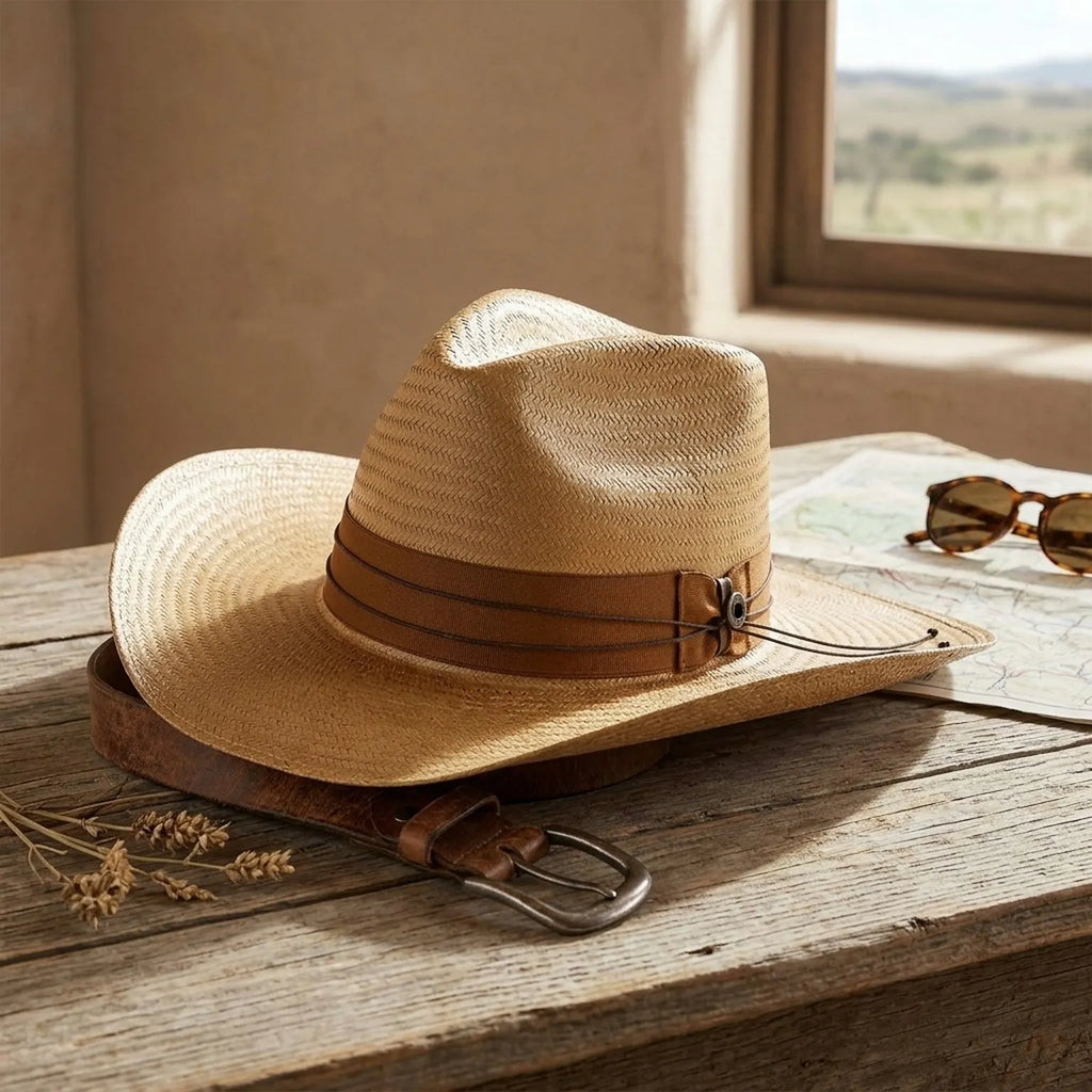 Tan Straw Floppy Sun Hat with Chin Tie and Wide Brim